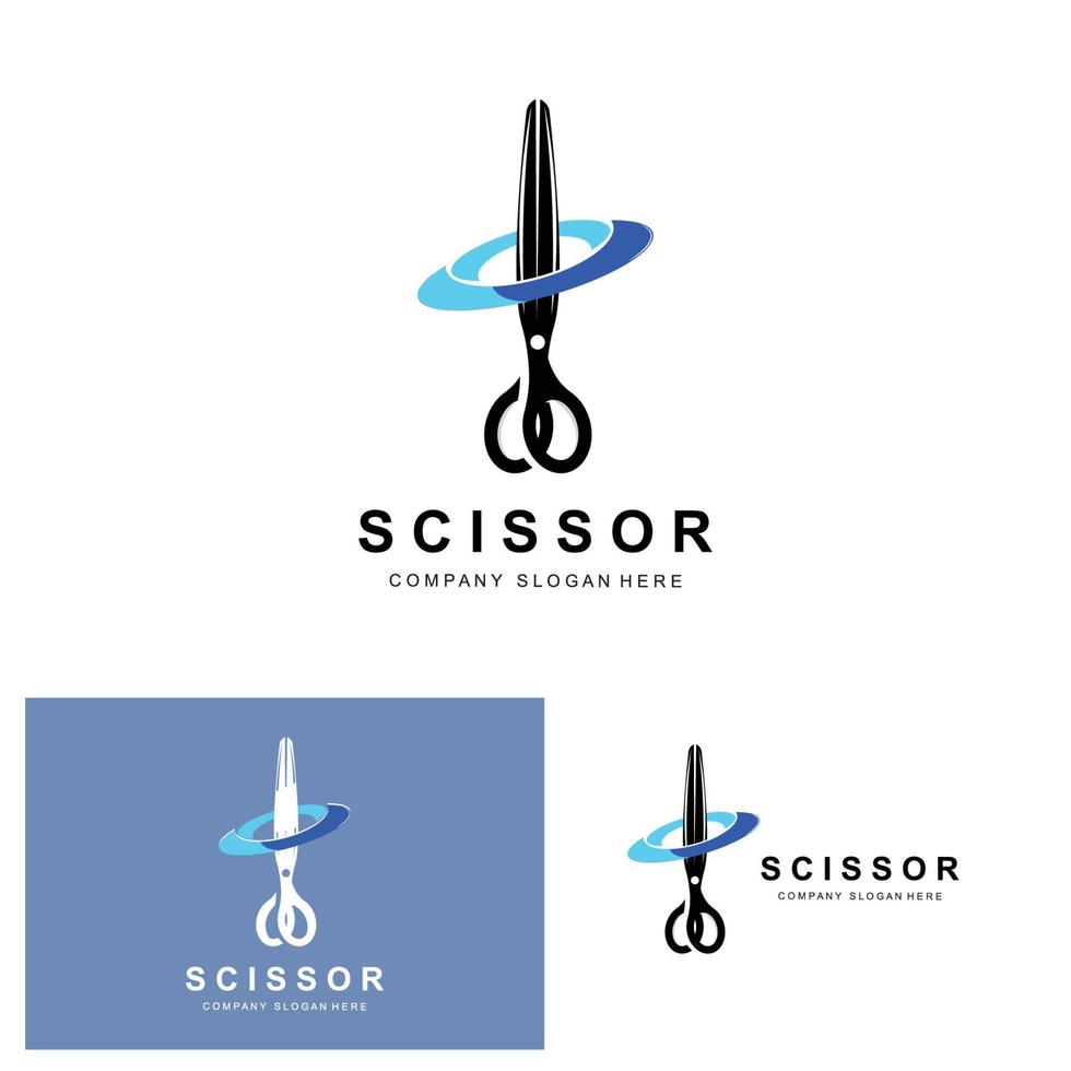 design del logo delle forbici, illustrazione vettoriale icona dell'utensile da taglio banner adesivo e marchio aziendale del barbiere