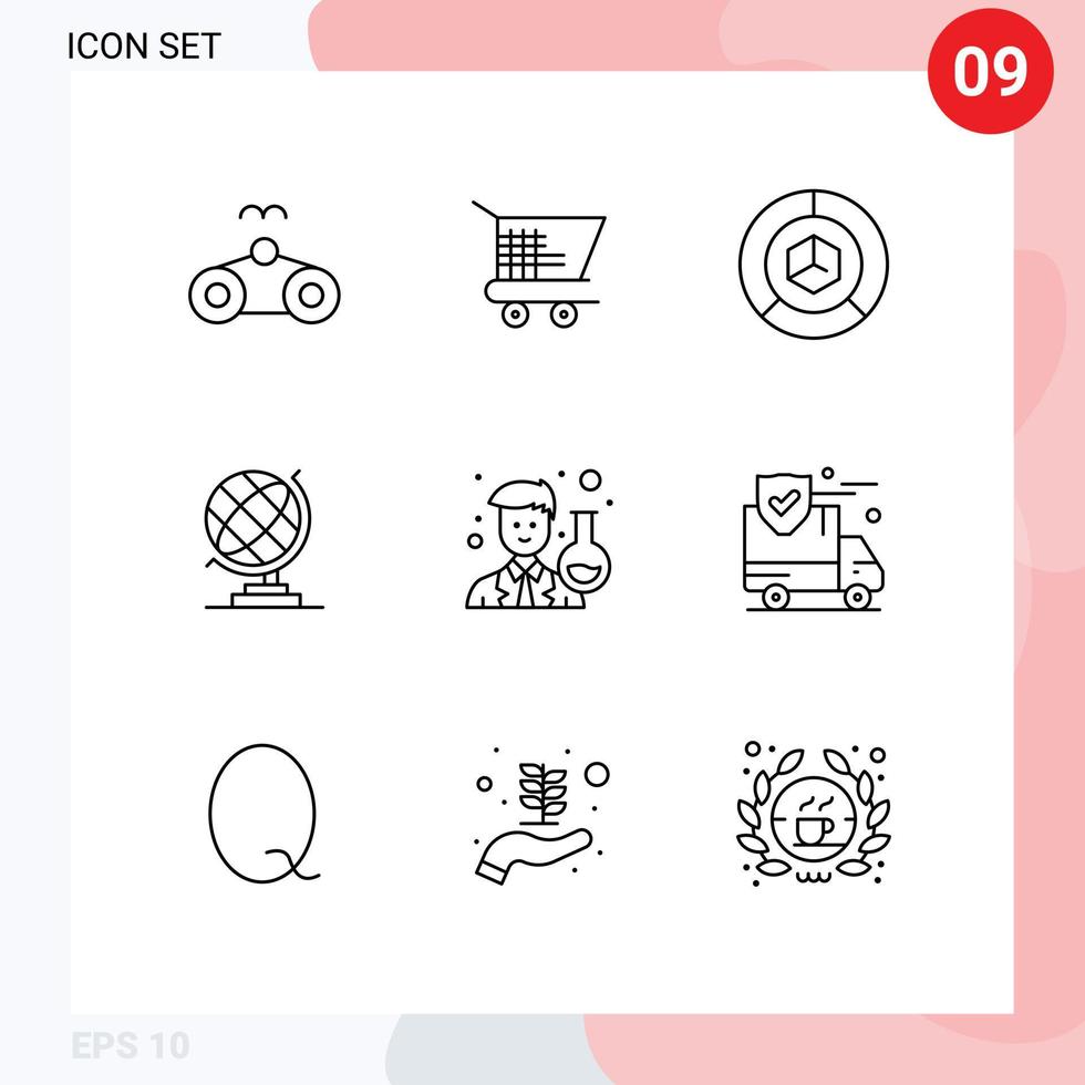 mobile interfaccia schema impostato di 9 pittogrammi di uomo scienziato consegna globo terra modificabile vettore design elementi