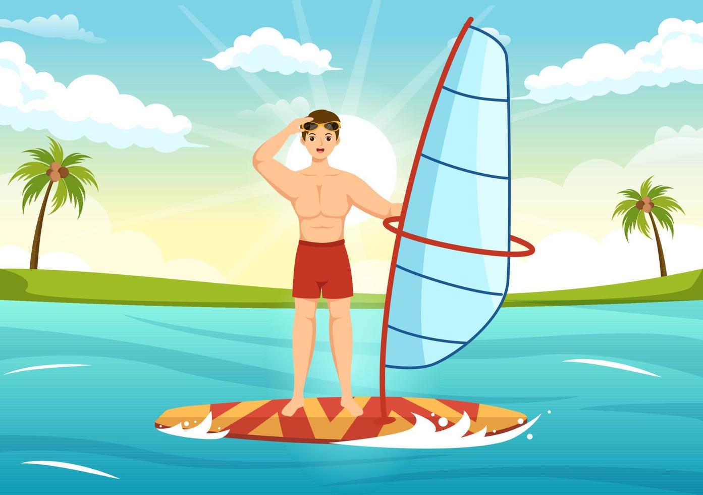 windsurf con il persona in piedi su il andare in barca barca e Tenere il vela nel estremo acqua sport piatto cartone animato mano disegnato modelli illustrazione vettore