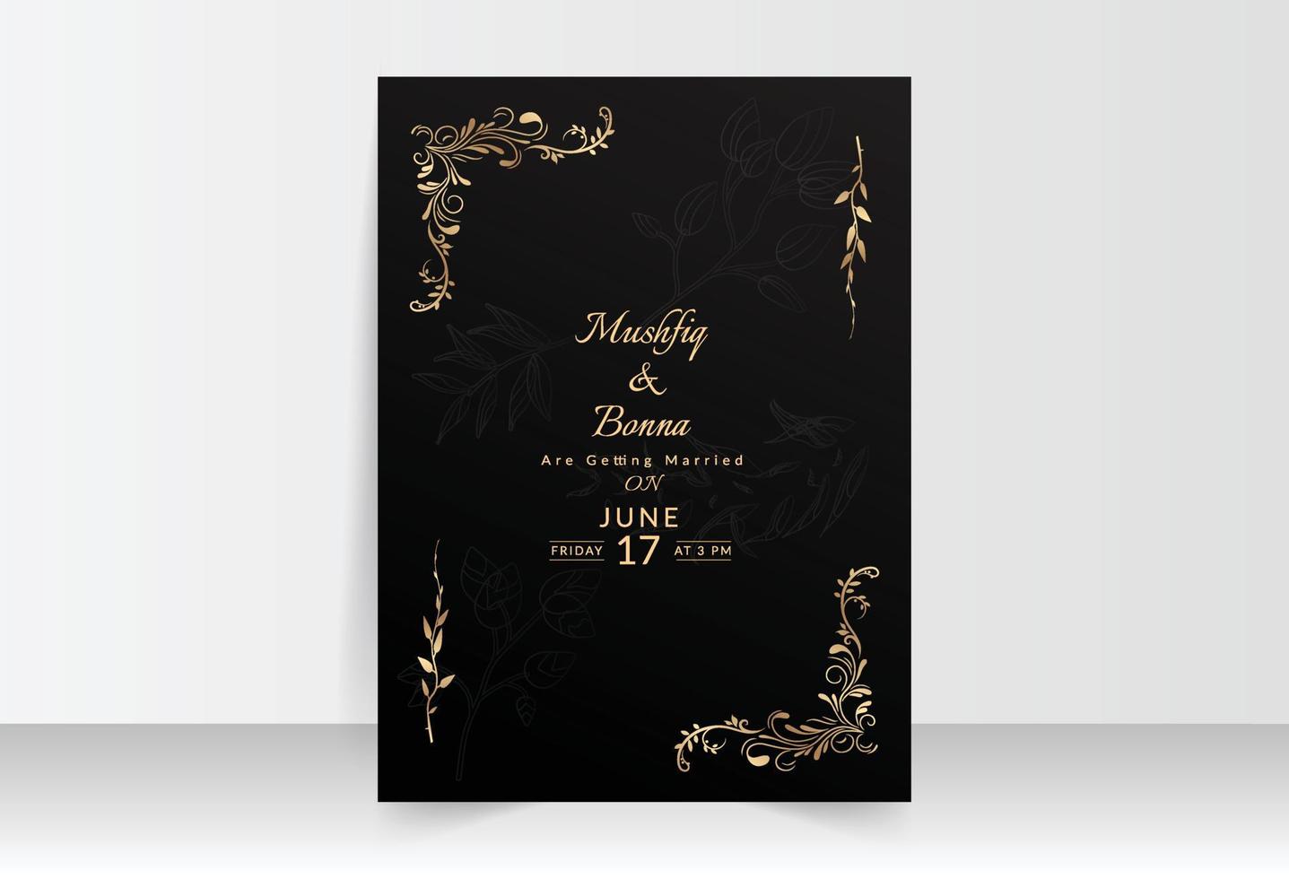 d'oro nozze carta con floreale design e nero sfondo vettore