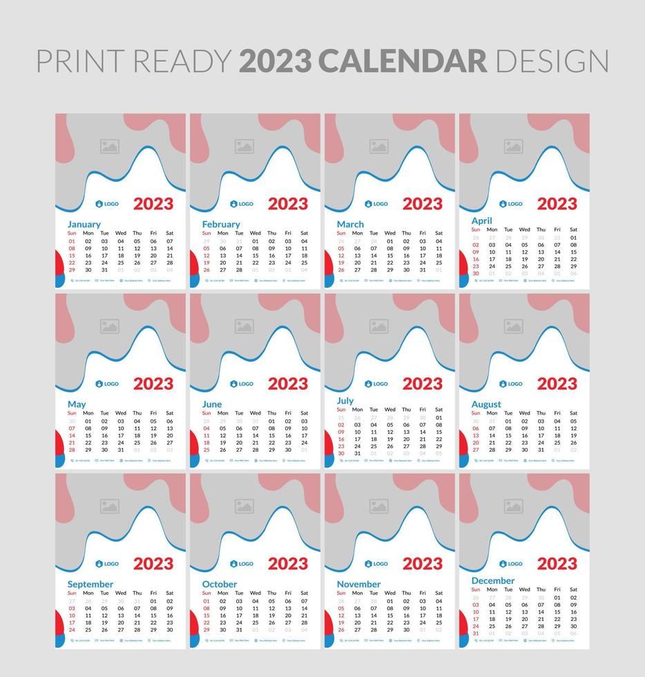 mensile orizzontale parete calendario 2023 design modello. settimana inizia su domenica. impostato di 12 mesi. vettore