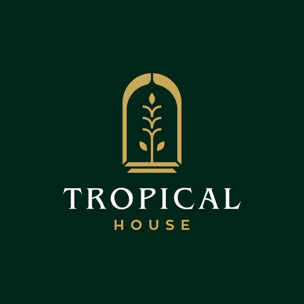 palma albero d'oro Casa logo, tropicale foglia con nicchia arco logo vettore icona illustrazione nel geometrico minimo linea stile per vacanza Hotel vacanza attività commerciale