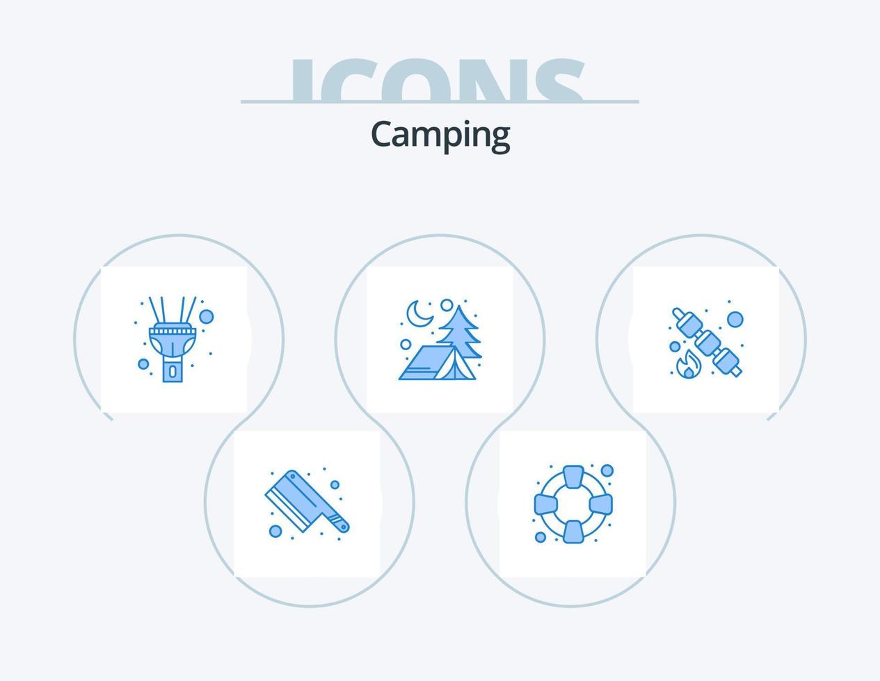 campeggio blu icona imballare 5 icona design. . dolce. torcia. cibo. marshmallow vettore