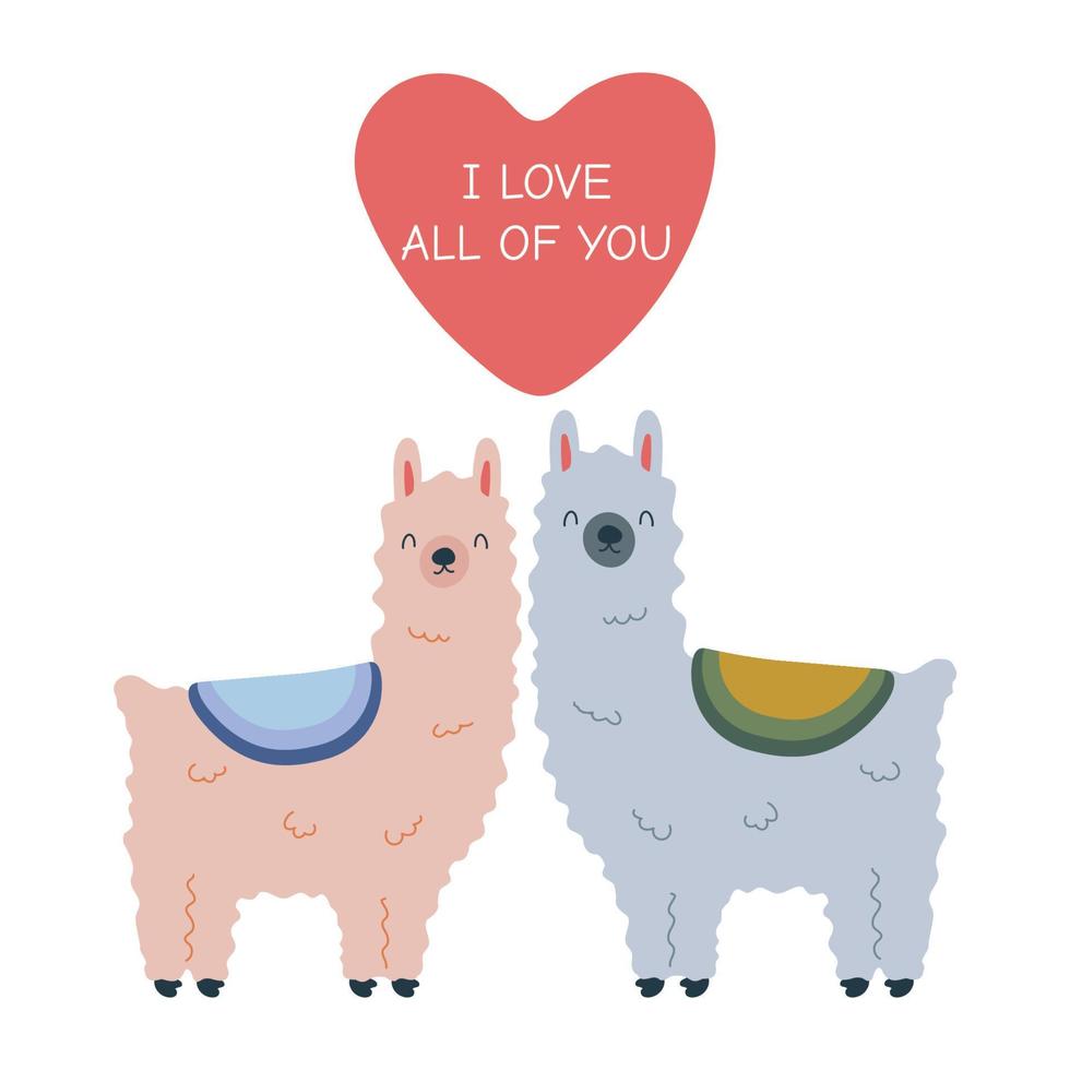 San Valentino giorno saluto carta modello con un' coppia di llamas e un' cuore con testo. vettore illustrazione isolato su bianca sfondo.