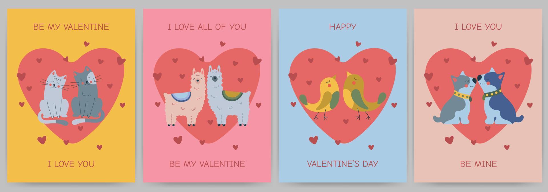 contento San Valentino giorno cartolina impostato con animali e cuori. uccelli, cani, gatti, llamas su un' colorato sfondo con testo. vettore illustrazione.