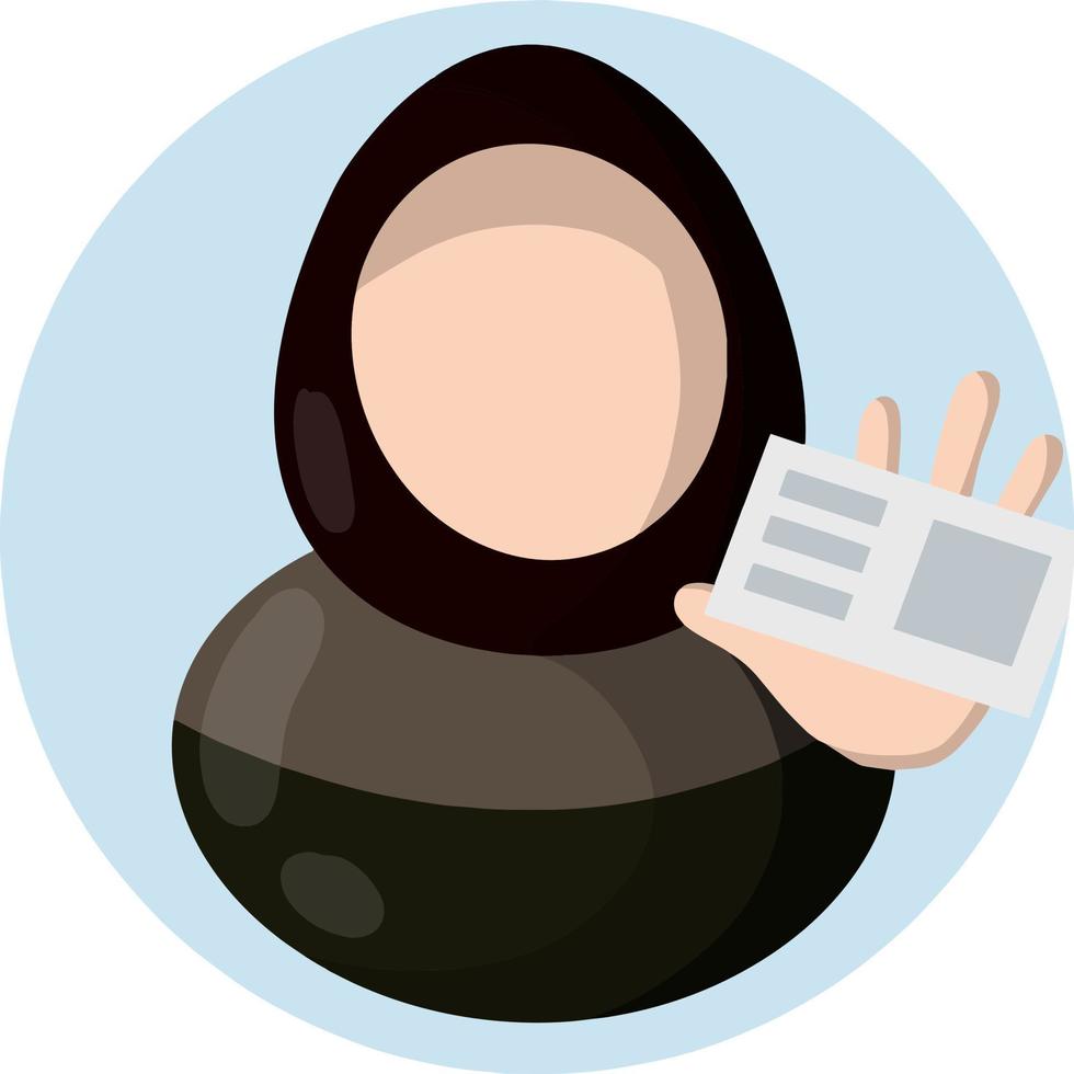 ottenere autista licenza. arabo donna nel hijab. certificato e documento. mano hold plastica carta. ragazza nel nazionale vestire. formazione nel guida scuola. piatto icona per App vettore
