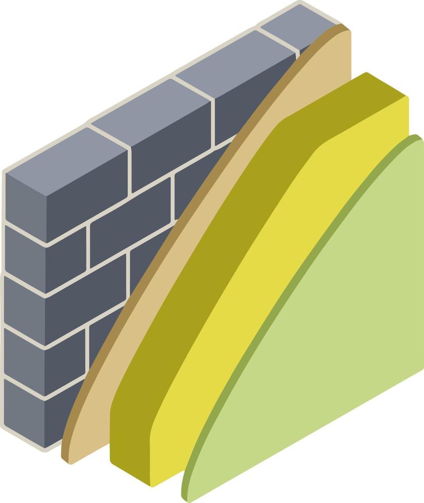 mattone parete nel isometria con strati di gesso e isolamento. Materiale per casa riparazione. costruzione di edifici. schema di l'applicazione blu e giallo strato vettore