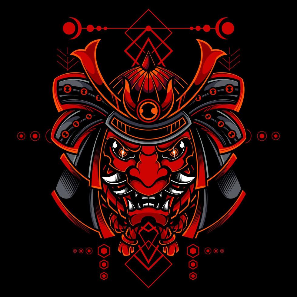 giapponese samurai oni maschera cranio ronin con sacro geometria logo illustrazione vettore