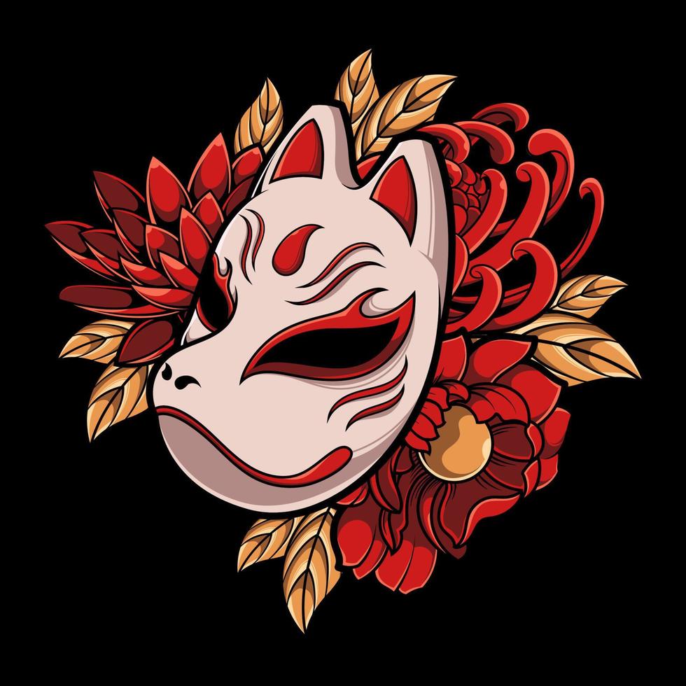 giapponese kitsune maschera illustrazione con fiore vettore