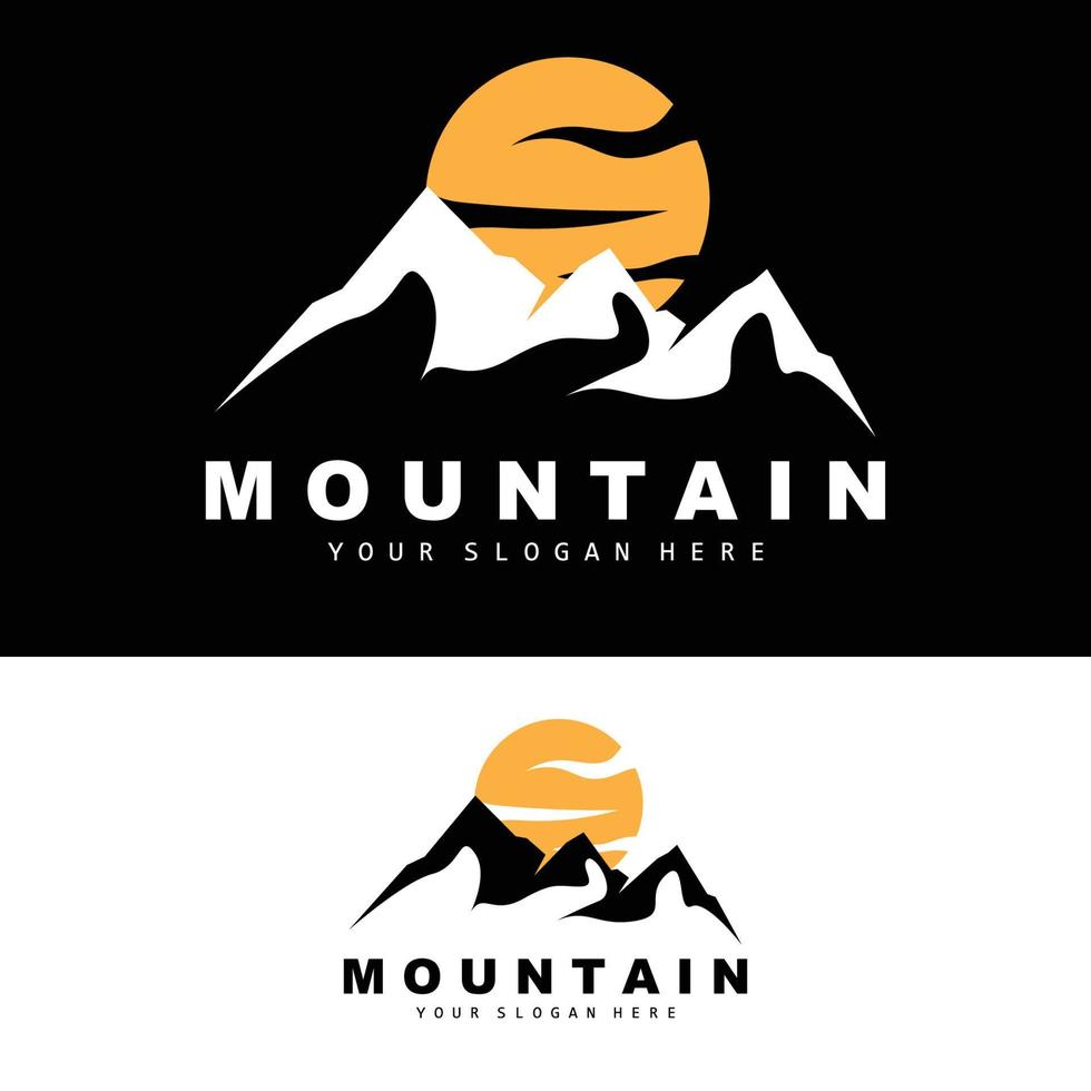 design del logo di montagna, luogo vettoriale per escursionisti amanti della natura