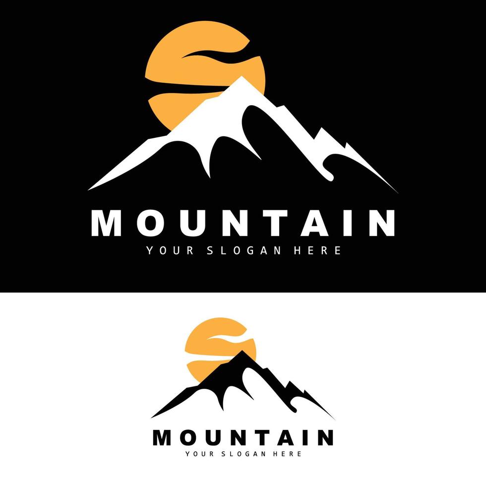 design del logo di montagna, luogo vettoriale per escursionisti amanti della natura