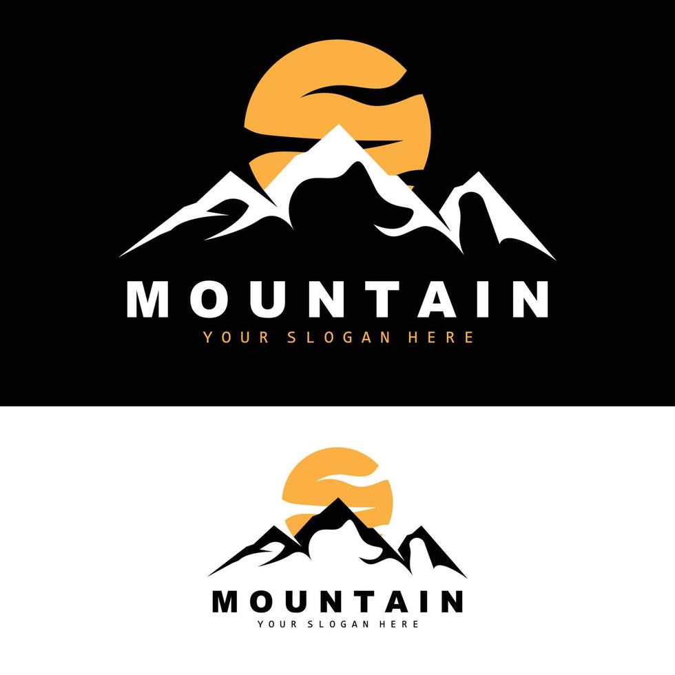 design del logo di montagna, luogo vettoriale per escursionisti amanti della natura