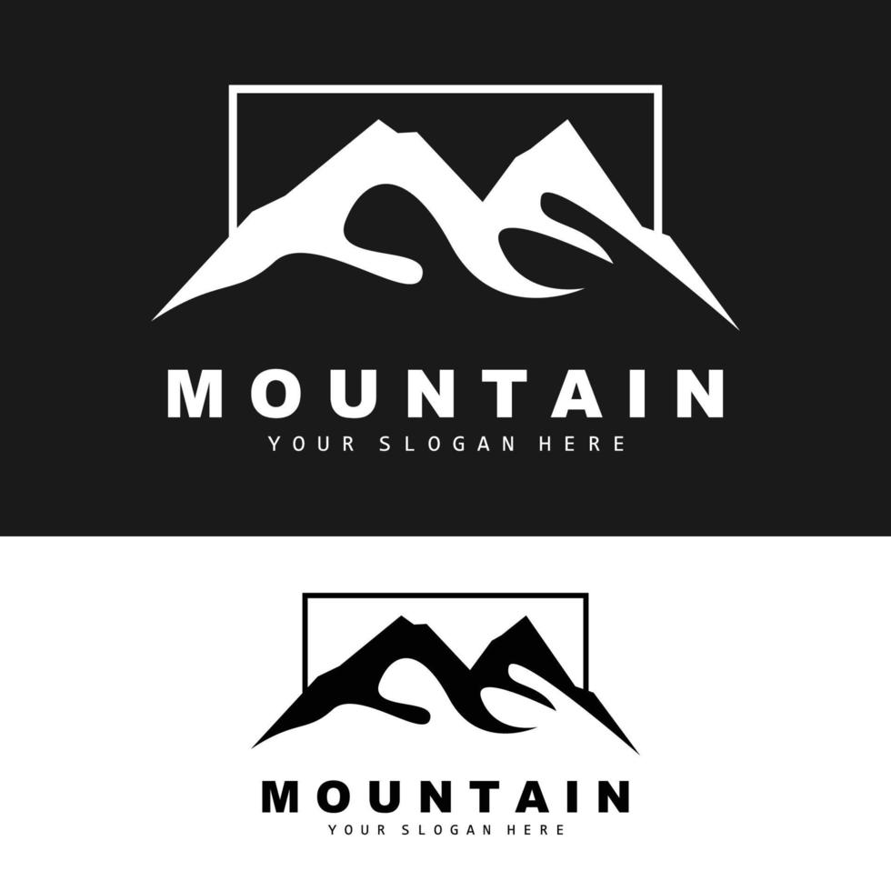 design del logo di montagna, luogo vettoriale per escursionisti amanti della natura