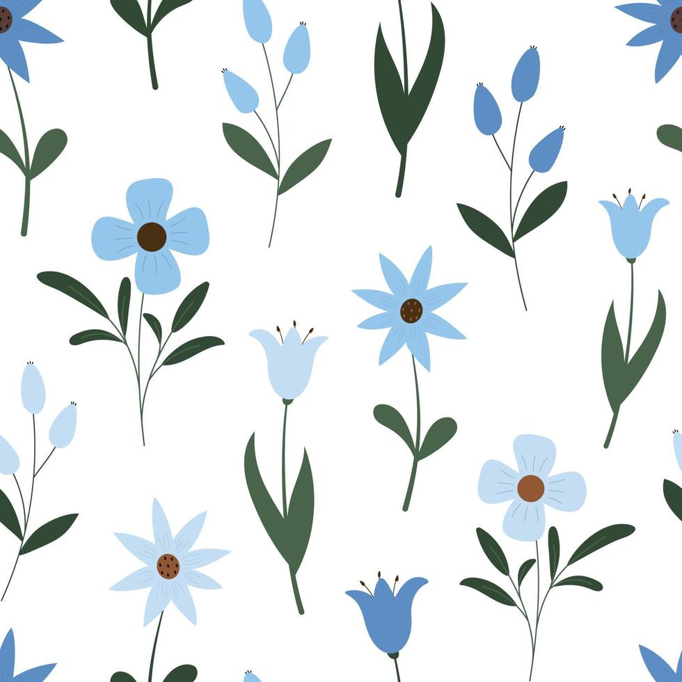 primavera floreale senza soluzione di continuità modello con carino blu colore prato fiori. isolato su bianca sfondo. design per sfondo, tessili. vettore
