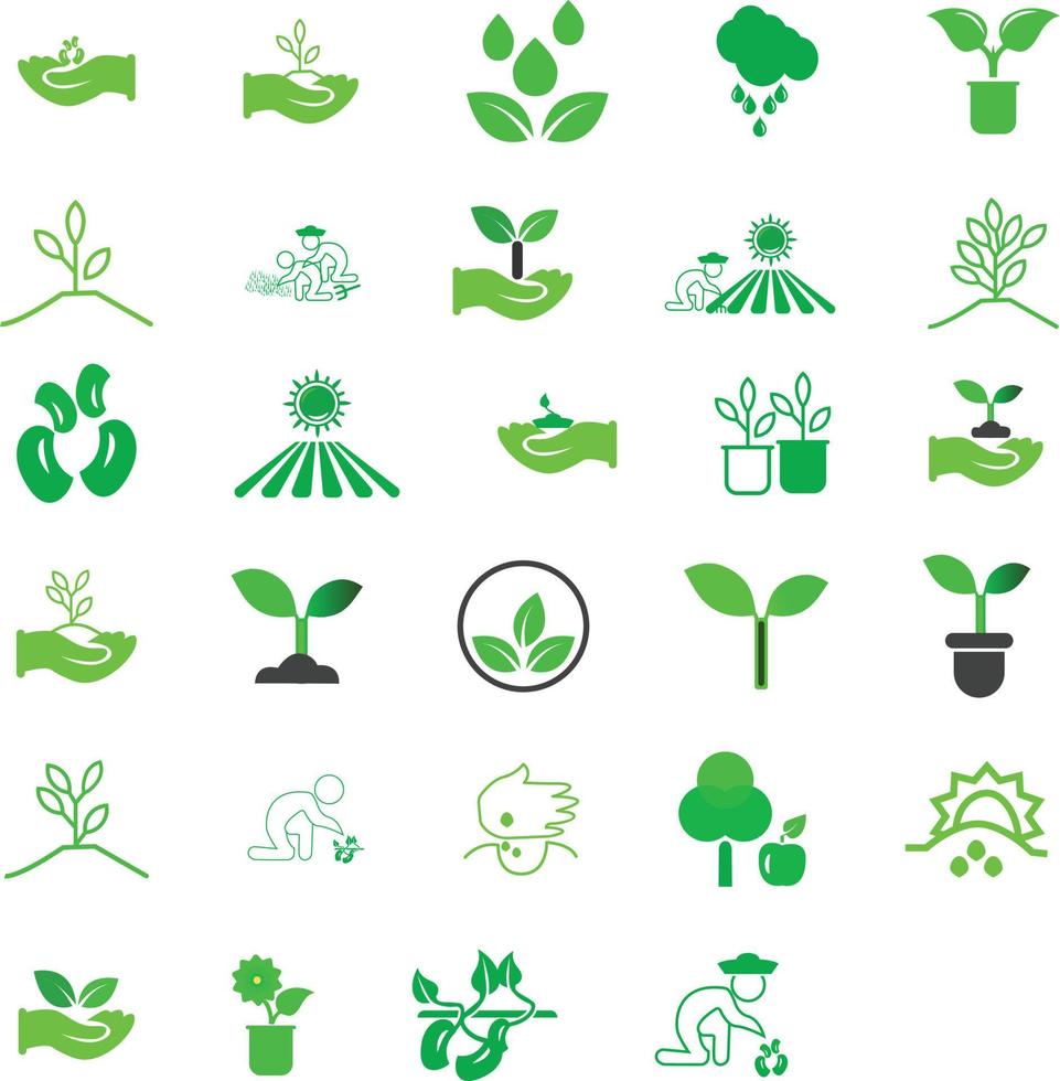 vettore impostato di simboli di agricoltura. illustrazione di mani con semi e germoglio. crescita di impianti su presto stadi