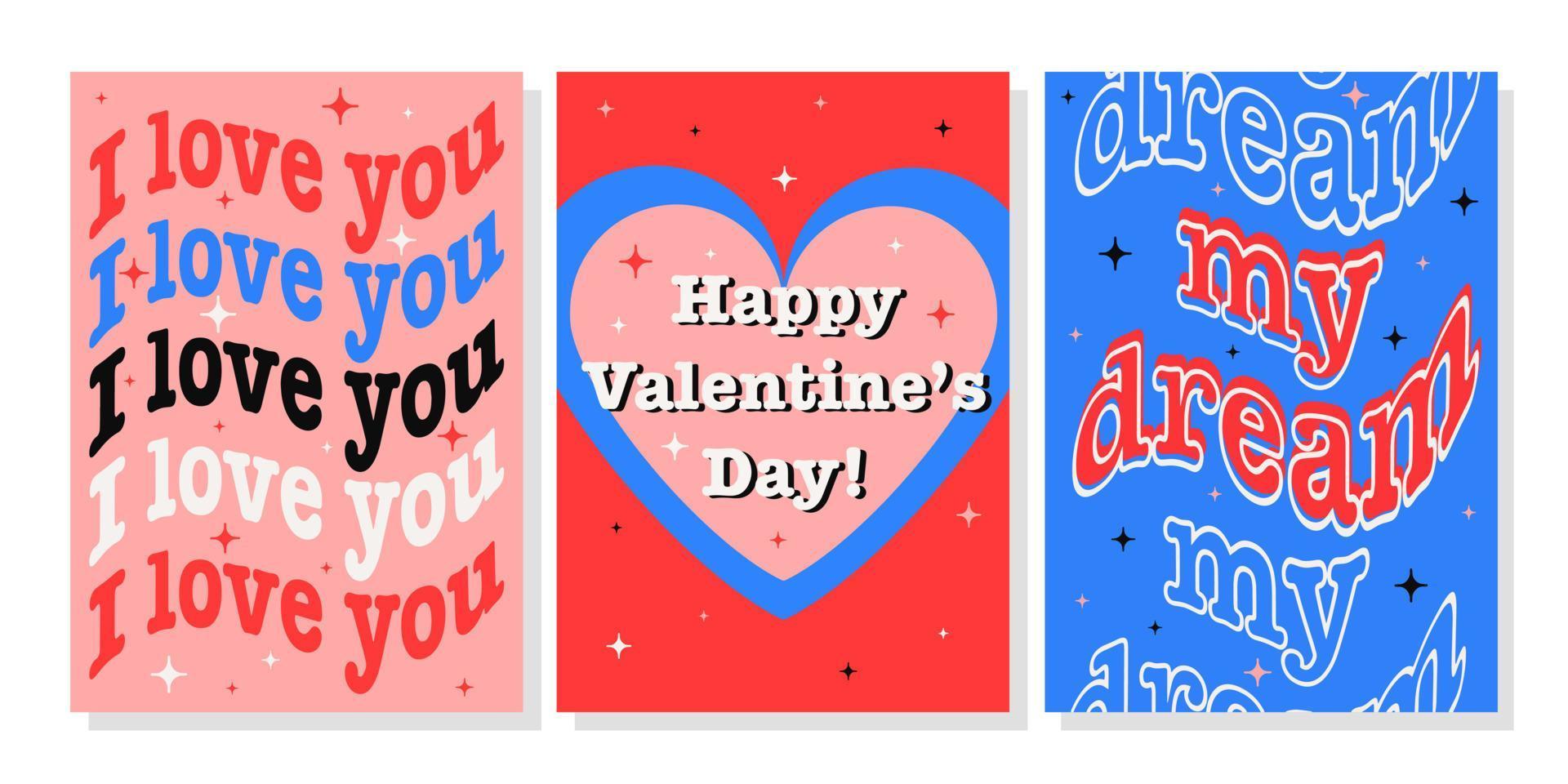 San Valentino giorno saluto carta impostare. mano disegnato di moda cartone animato cuore, amore scritta. vettore illustrazione
