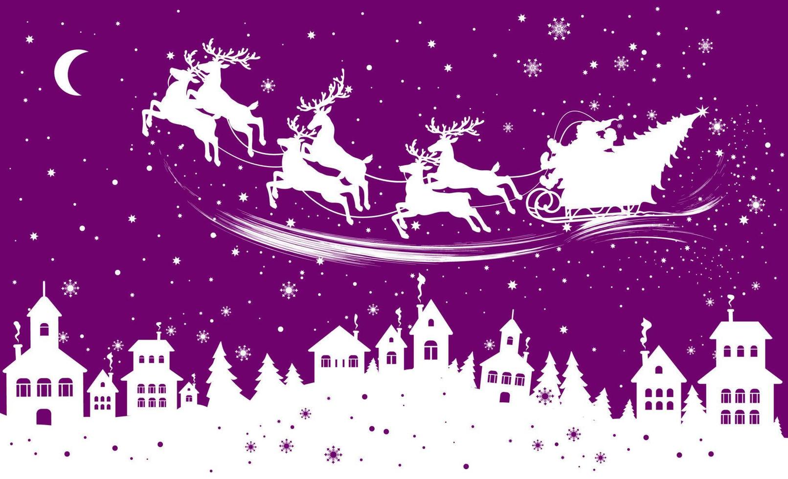 Natale illustrazione con case, Santa Claus su renna e fiocchi di neve. vettore