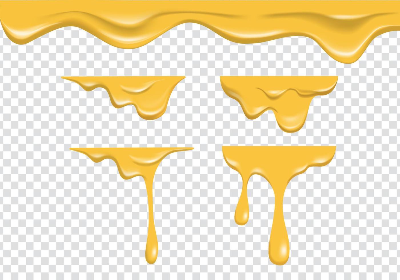 realistico giallo fusione formaggio liquido fluente su trasparente sfondo. diffusione liquido formaggio crema collezione impostato vettore decorazione