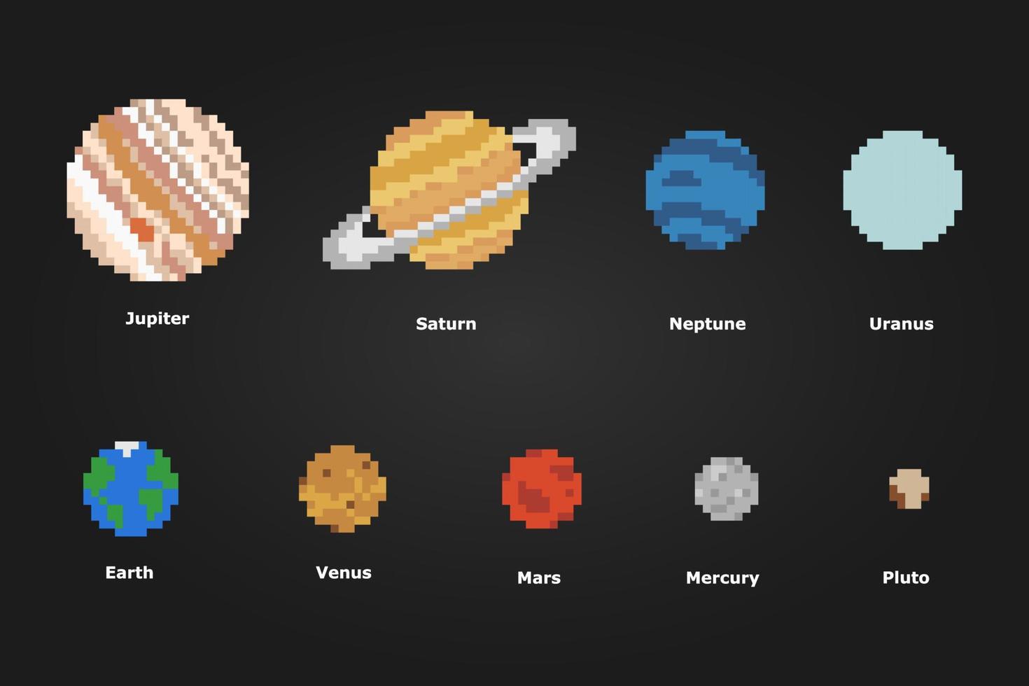 Pixel a 8 bit della collezione del pianeta, per risorse di gioco e schemi a punto croce nelle illustrazioni vettoriali. vettore