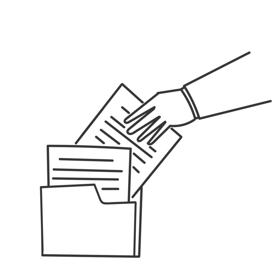 mano disegnato scarabocchio mano mettere il carta documento nel manila cartella illustrazione vettore