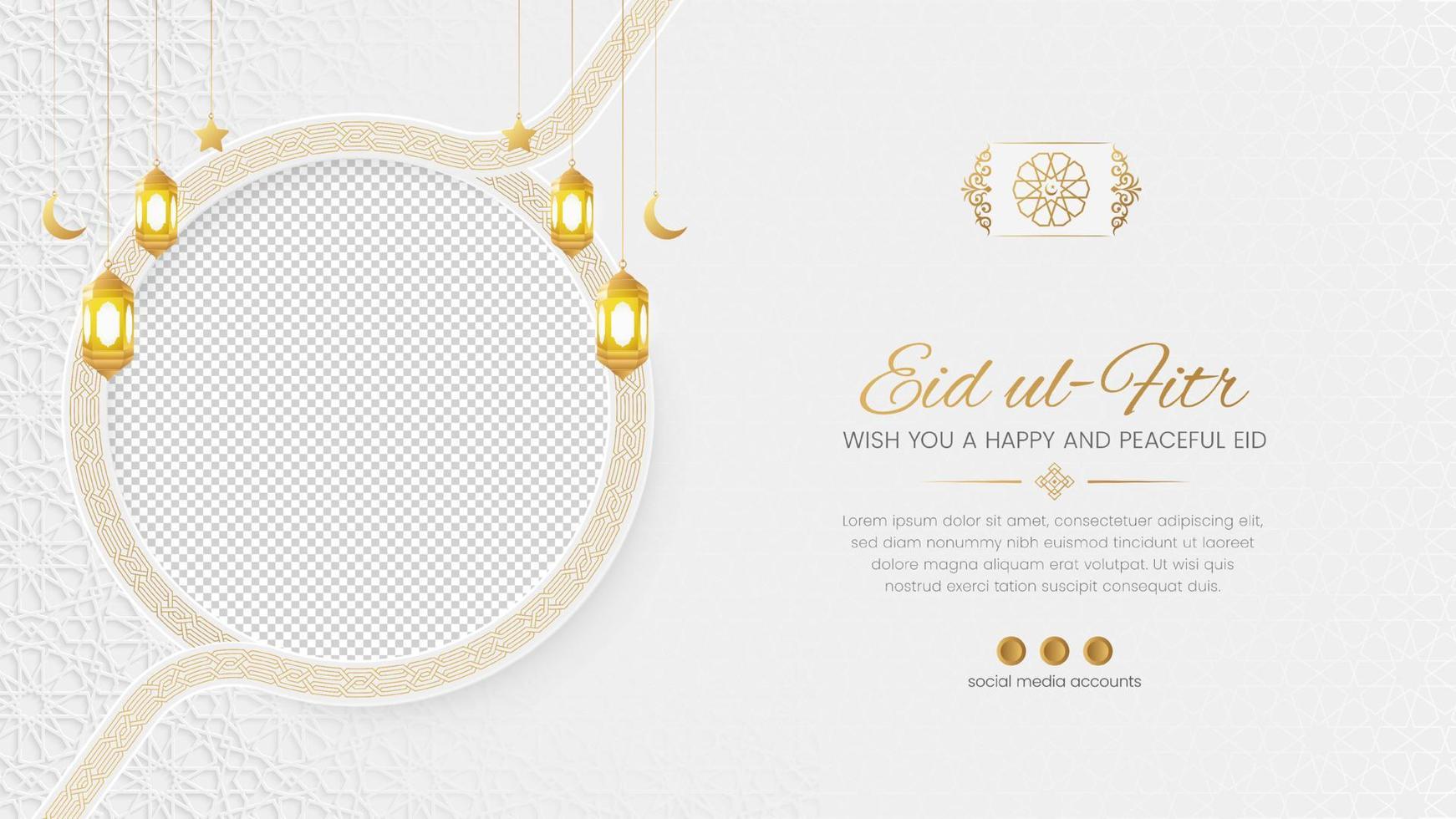 eid ul Fitr Arabo islamico sociale media bandiera design con un arabesco modello e foto telaio vettore