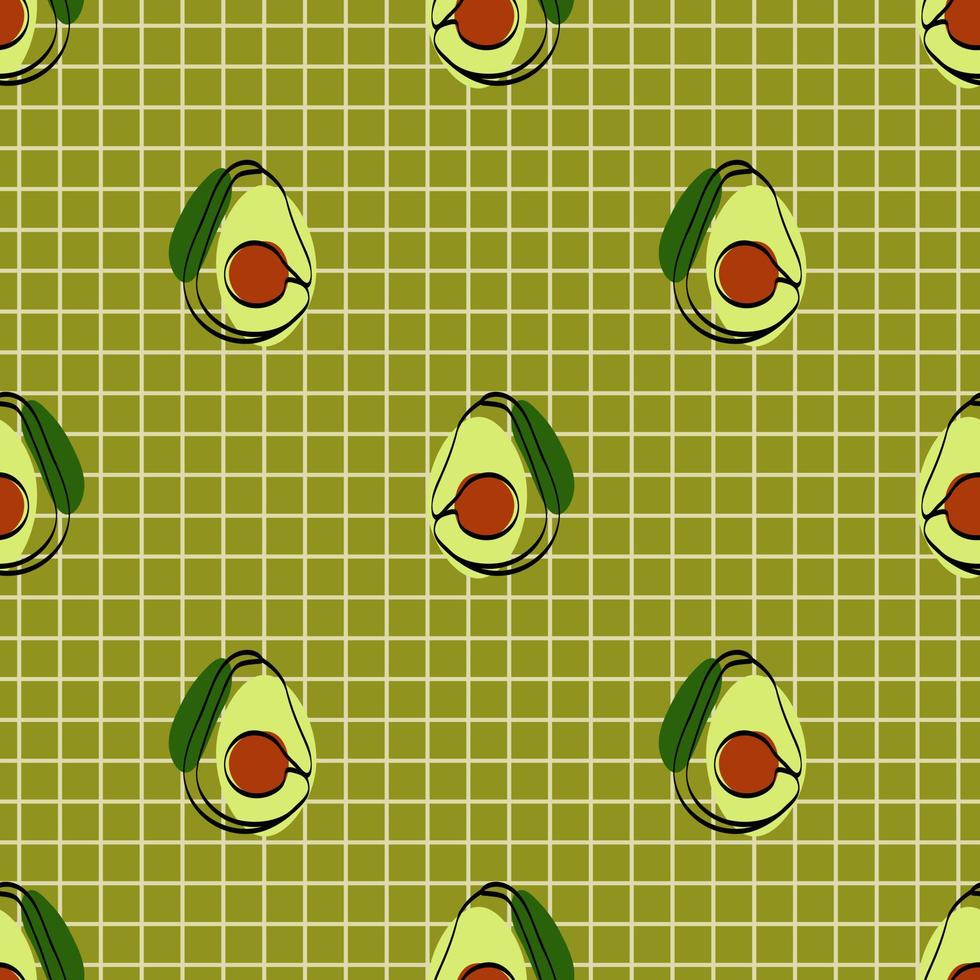 senza soluzione di continuità modello con avocado. continuo uno linea disegno avocado. nero linea arte con colorato macchie. vegano concetto vettore