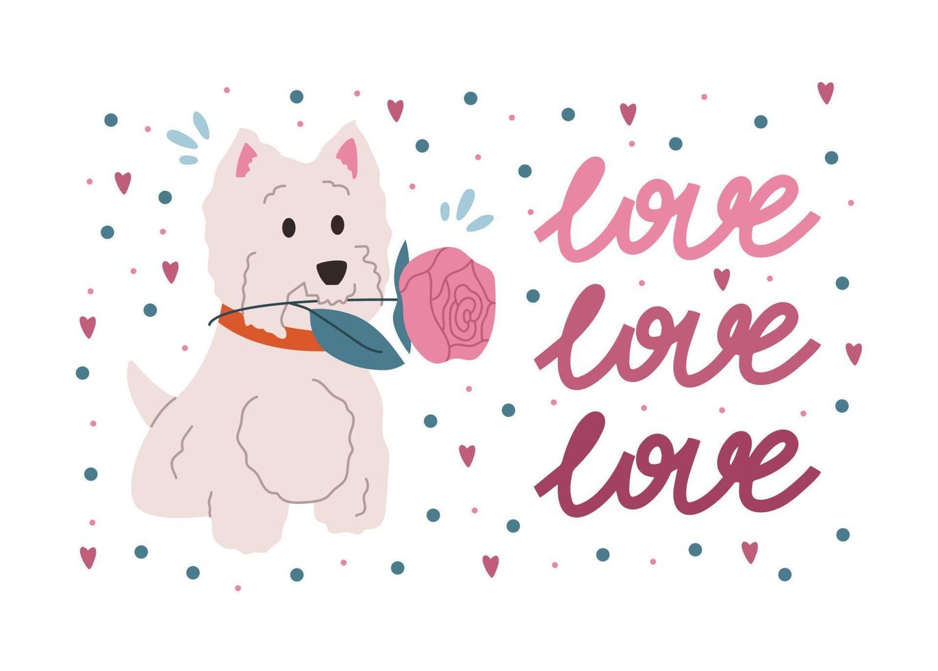 romantico scritte, cane con rosa nel denti vettore