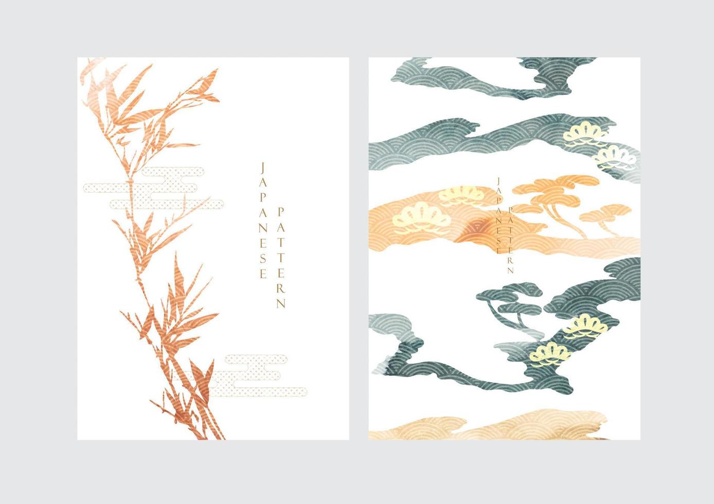 giapponese onda modello con arte paesaggio striscione. astratto sfondo con acquerello struttura vettore. bambù e nube elementi con pino albero bandiera nel Vintage ▾ stile. vettore