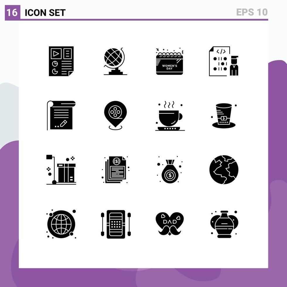 universale icona simboli gruppo di 16 moderno solido glifi di documento programmatore calendario sviluppo codifica modificabile vettore design elementi