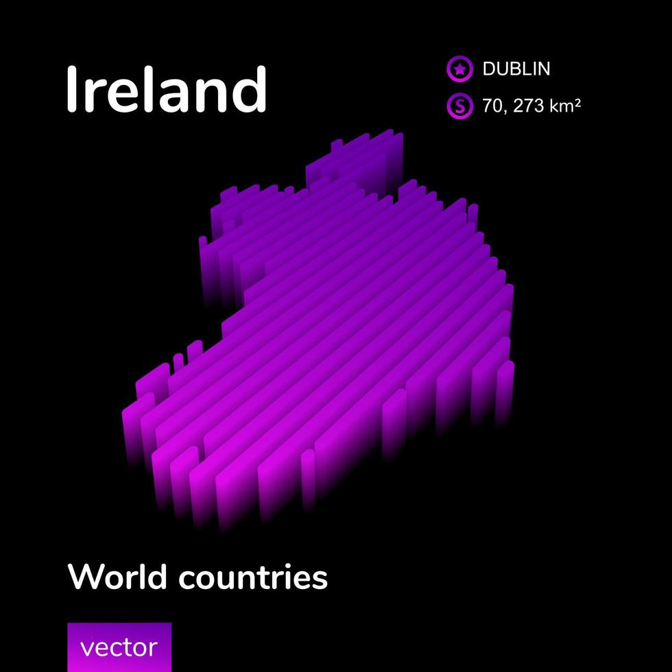 Irlanda 3d carta geografica. stilizzato neon digitale isometrico a strisce vettore carta geografica nel viola e rosa colori su il nero sfondo