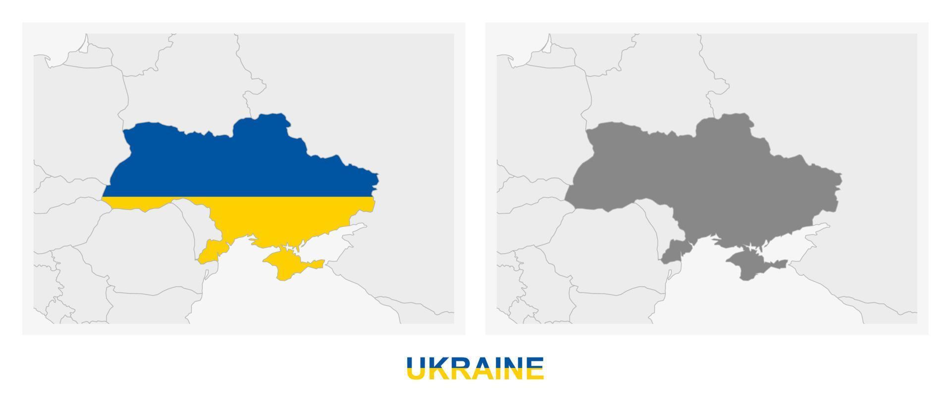 Due versioni di il carta geografica di Ucraina, con il bandiera di Ucraina e evidenziato nel buio grigio. vettore