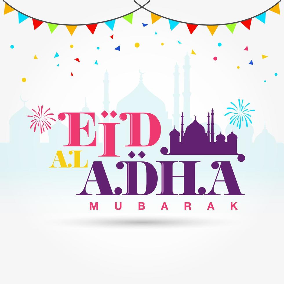 eid al adha mubarak logotipo con moschea, coriandoli come sfondo vettore