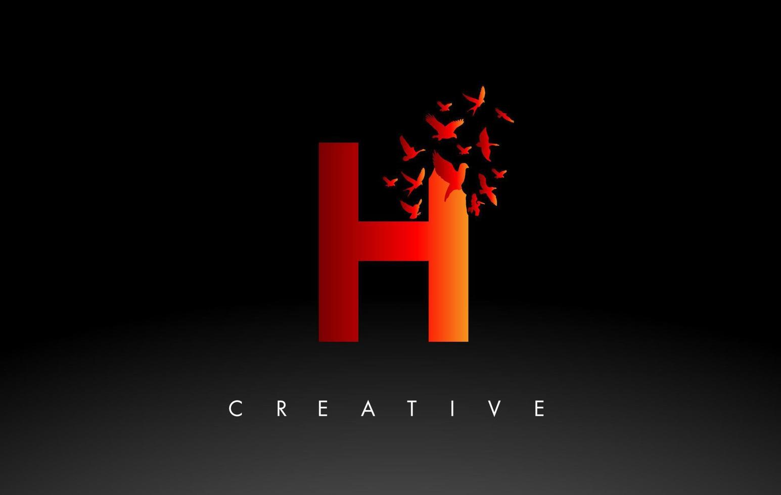 rosso h logo lettera con gregge di uccelli volante e disintegrandosi a partire dal il lettera. vettore
