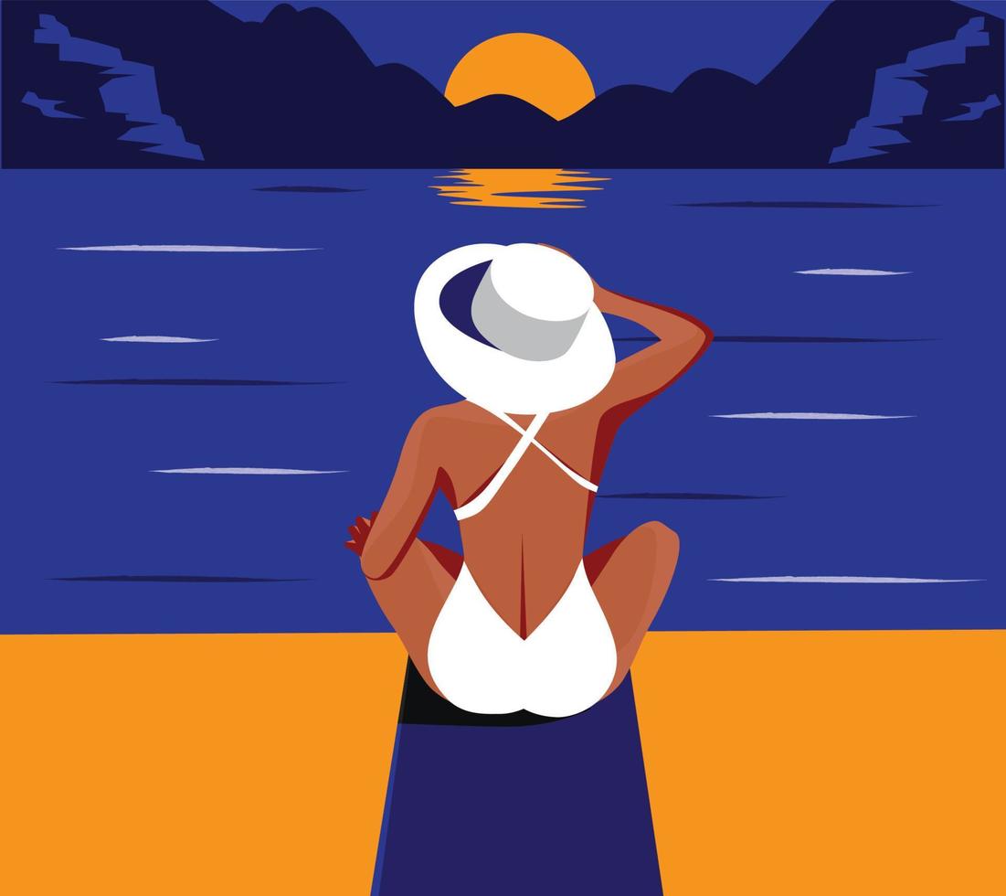 digitale illustrazione di un' ragazza nel il estate riposo su vacanza su il spiaggia guardare a il oceano mare vettore