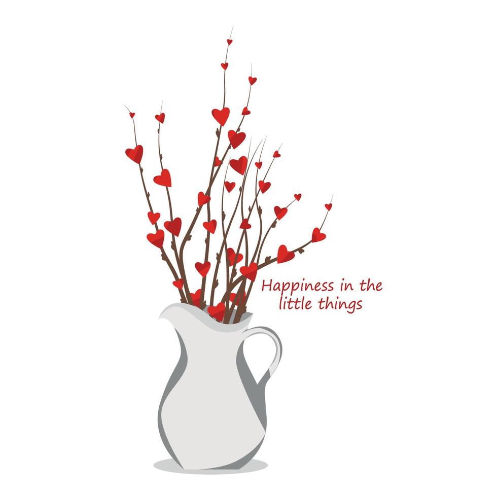 illustrazione di un' creativo carta per un' vacanza mazzo con rosso cuori nel un' vaso e il firma felicità su un' bianca sfondo vettore