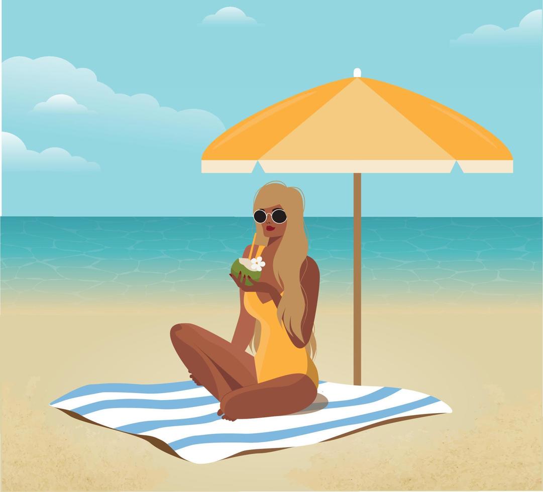 digitale illustrazione di un' ragazza su vacanza nel estate seduta su il spiaggia sotto un ombrello e potabile Noce di cocco succo vettore