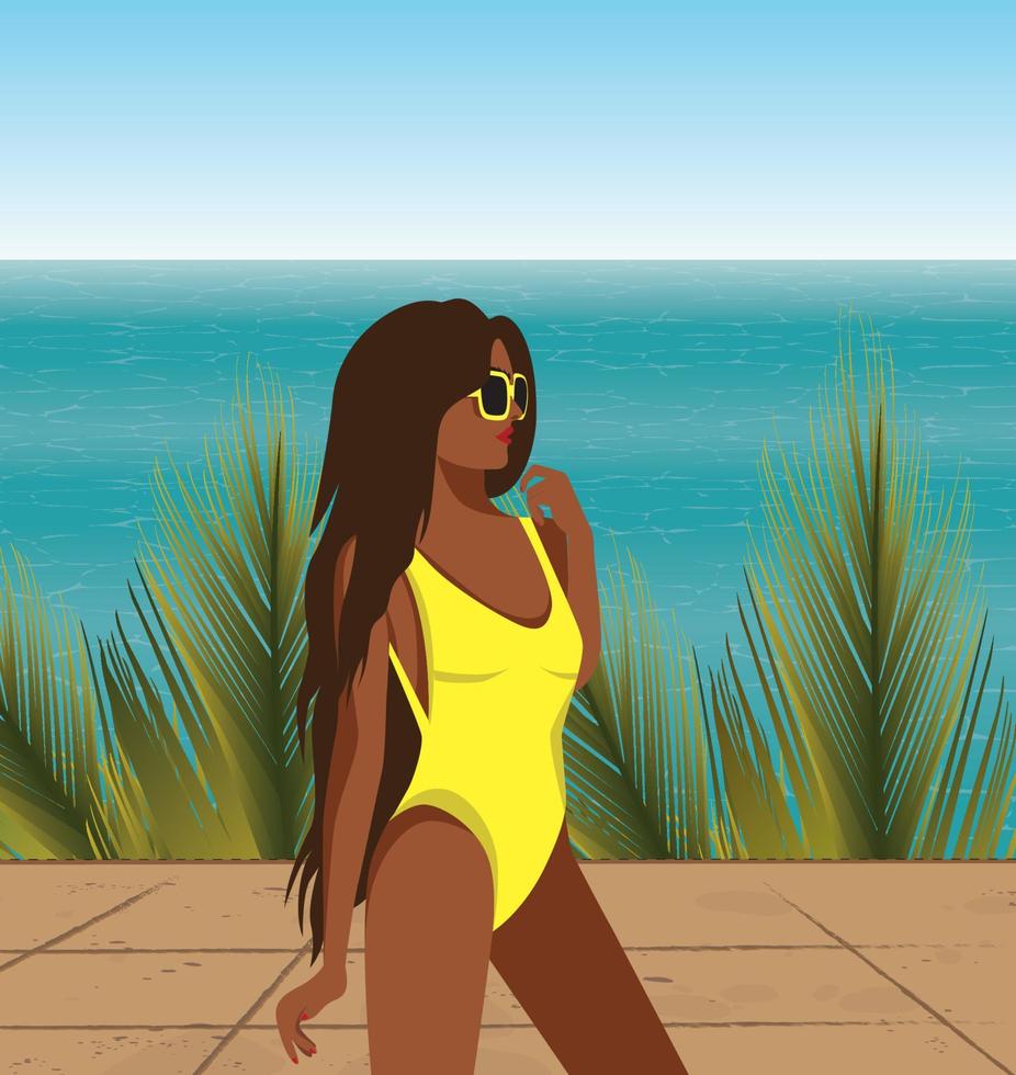 digitale illustrazione di un' luminosa illustrazione di un' ragazza su vacanza nel un' giallo costume da bagno sta contro un' sfondo di palma alberi e oceano vettore