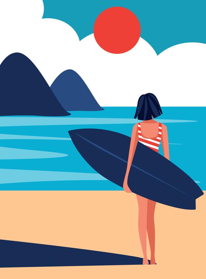 vettore illustrazione personaggio ragazza su vacanza Surf va per il oceano con un' tavola da surf