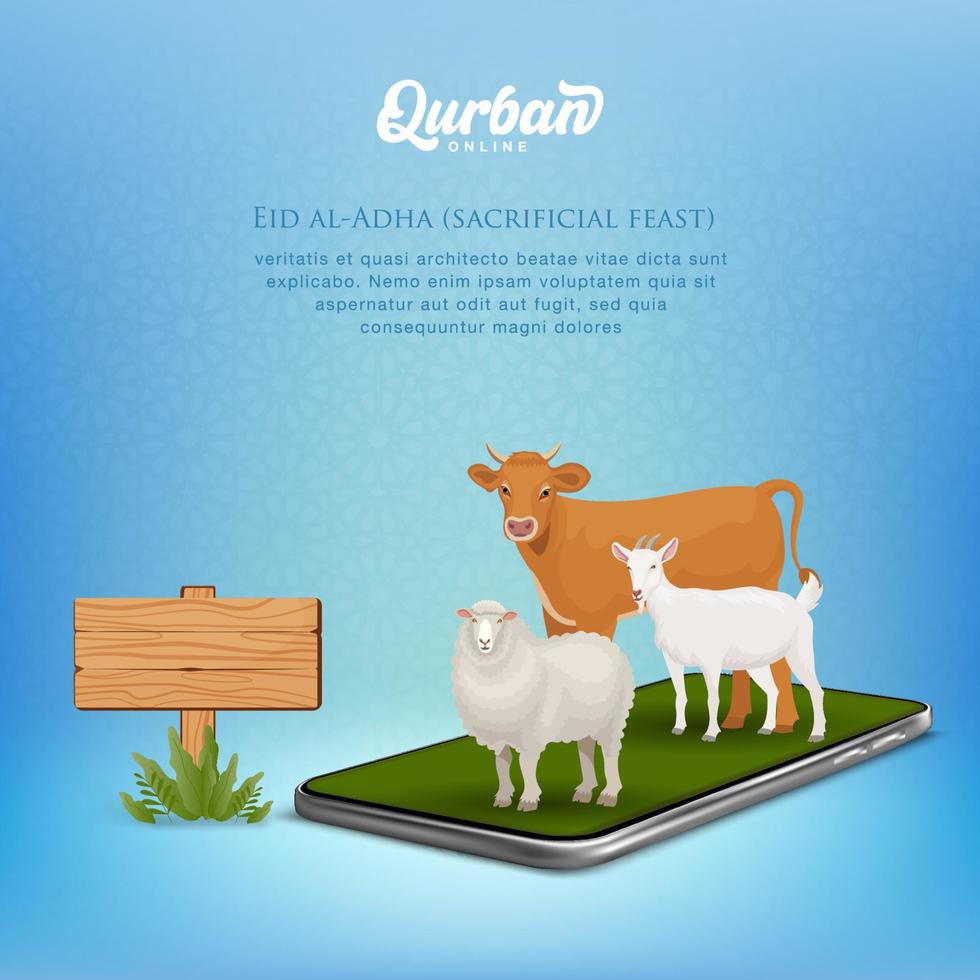 in linea Qurban mobile applicazione concetto. illustrazione di un' inteligente Telefono con sacrificale animale per eid al adha vettore