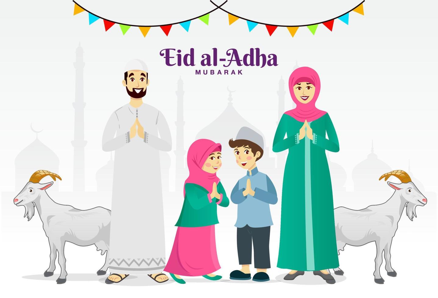 eid al adha saluto carta. cartone animato musulmano famiglia festeggiare eid al adha con capre e moschea come sfondo. vettore