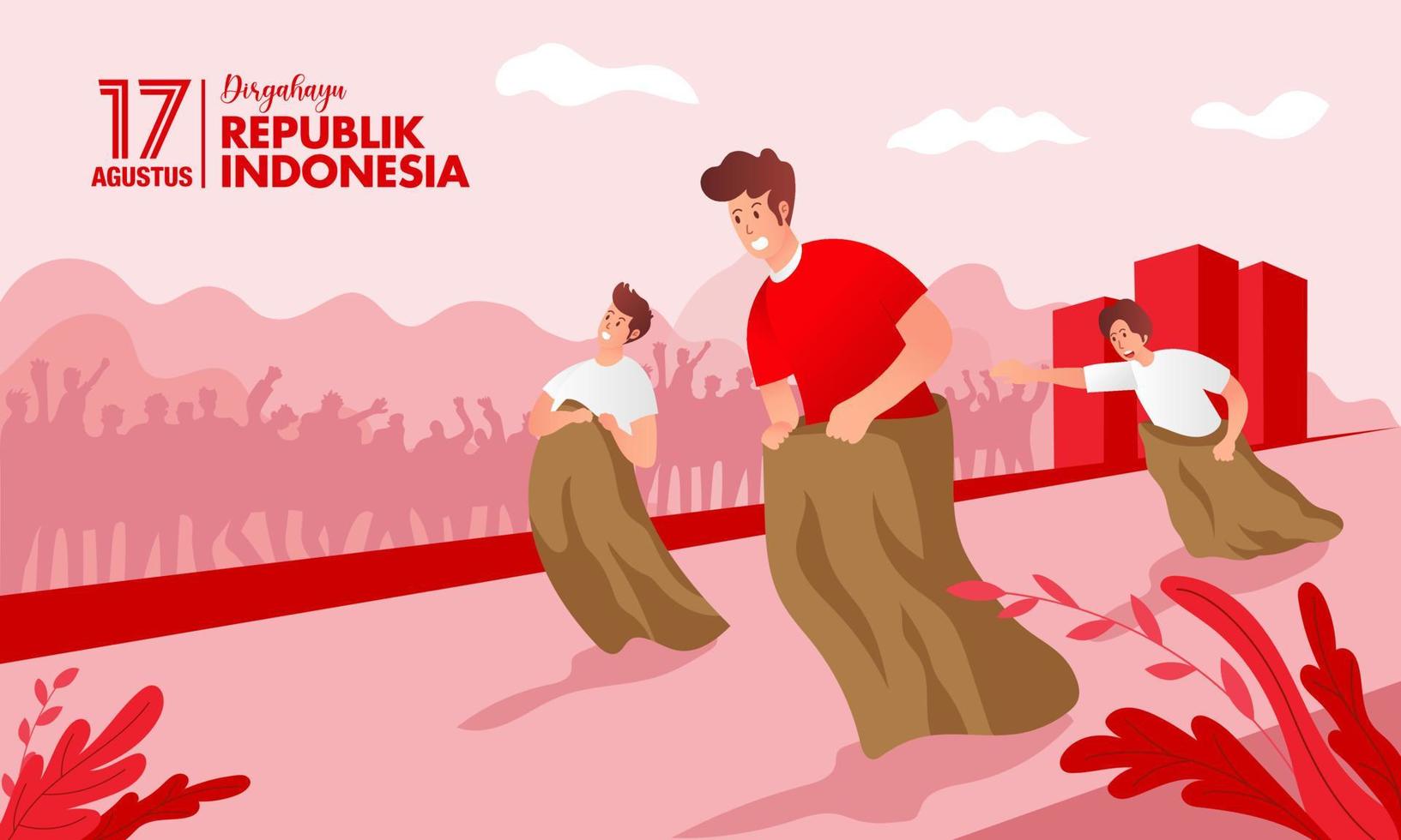 Indonesia indipendenza giorno saluto carta con tradizionale Giochi concetto illustrazione vettore