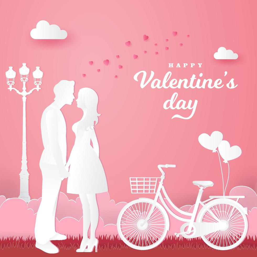 San Valentino giorno saluto carta. coppia nel amore Tenere mani e guardare ogni altro con bicicletta su rosa sfondo vettore