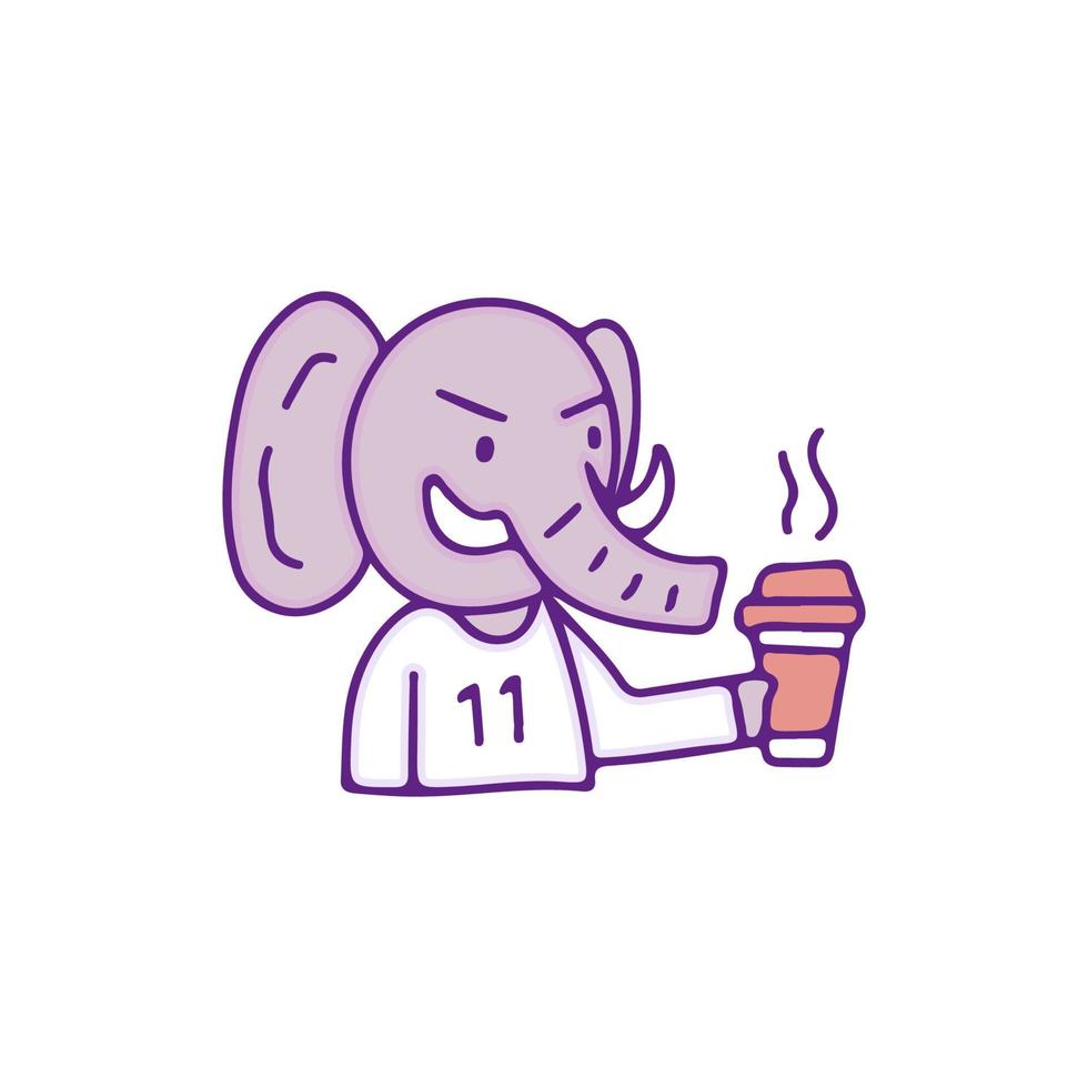 freddo elefante personaggio bevanda un' tazza di caffè, illustrazione per maglietta, etichetta, o abbigliamento merce. con scarabocchio, retrò, e cartone animato stile. vettore