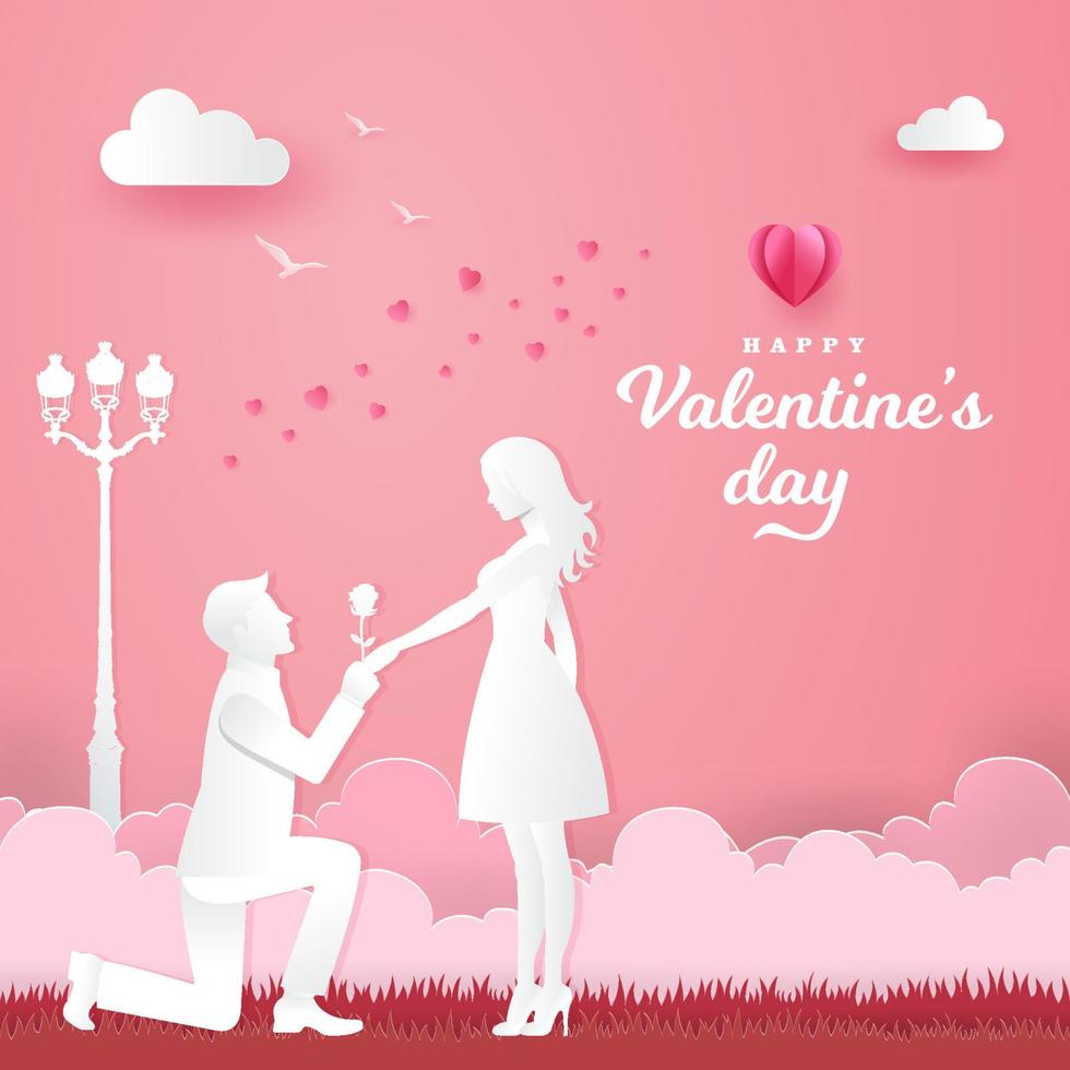 San Valentino giorno saluto carta. giovane uomo in ginocchio per il suo fidanzata e dando un' rosa su il parco vettore