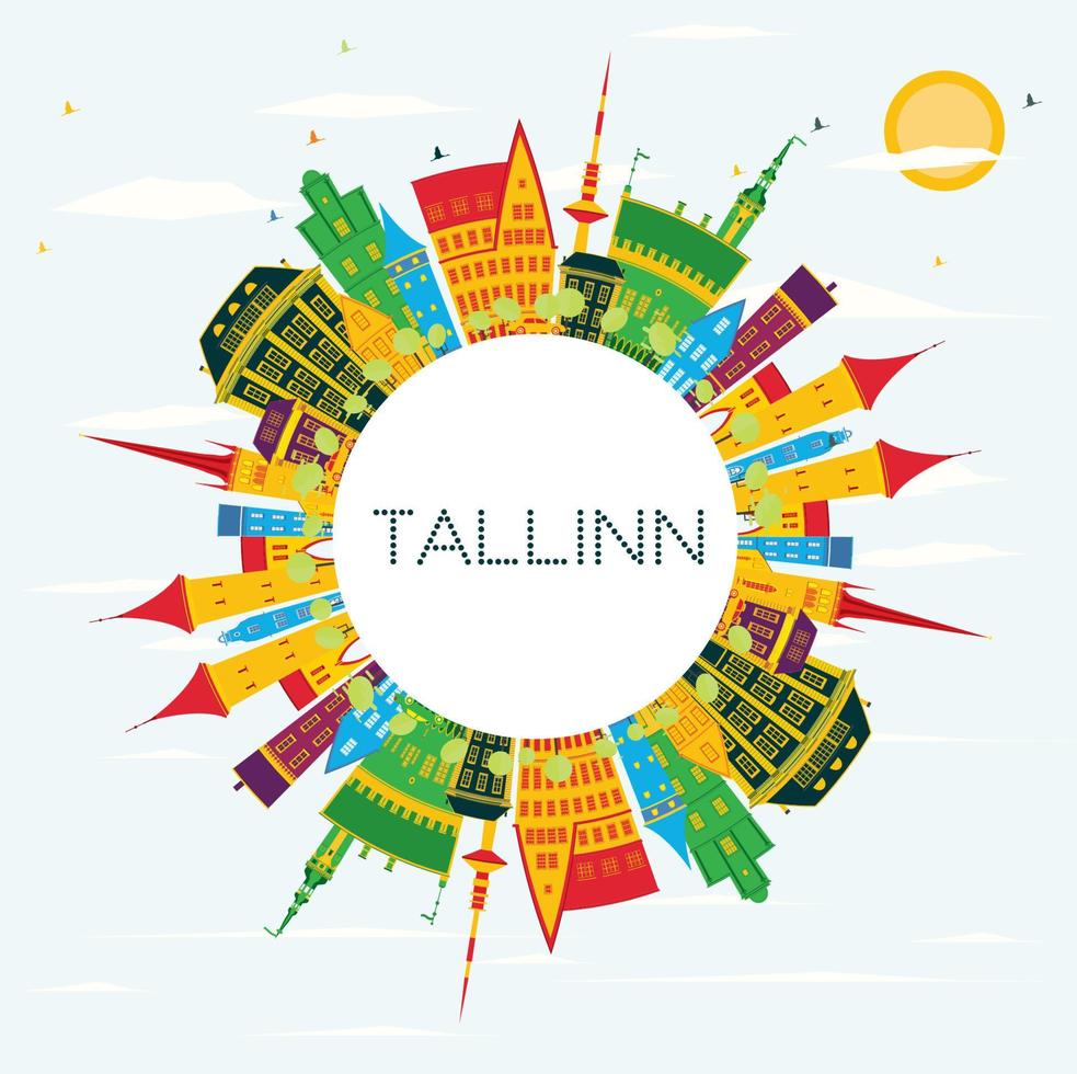 Tallinn orizzonte con colore edifici, blu cielo e copia spazio. vettore