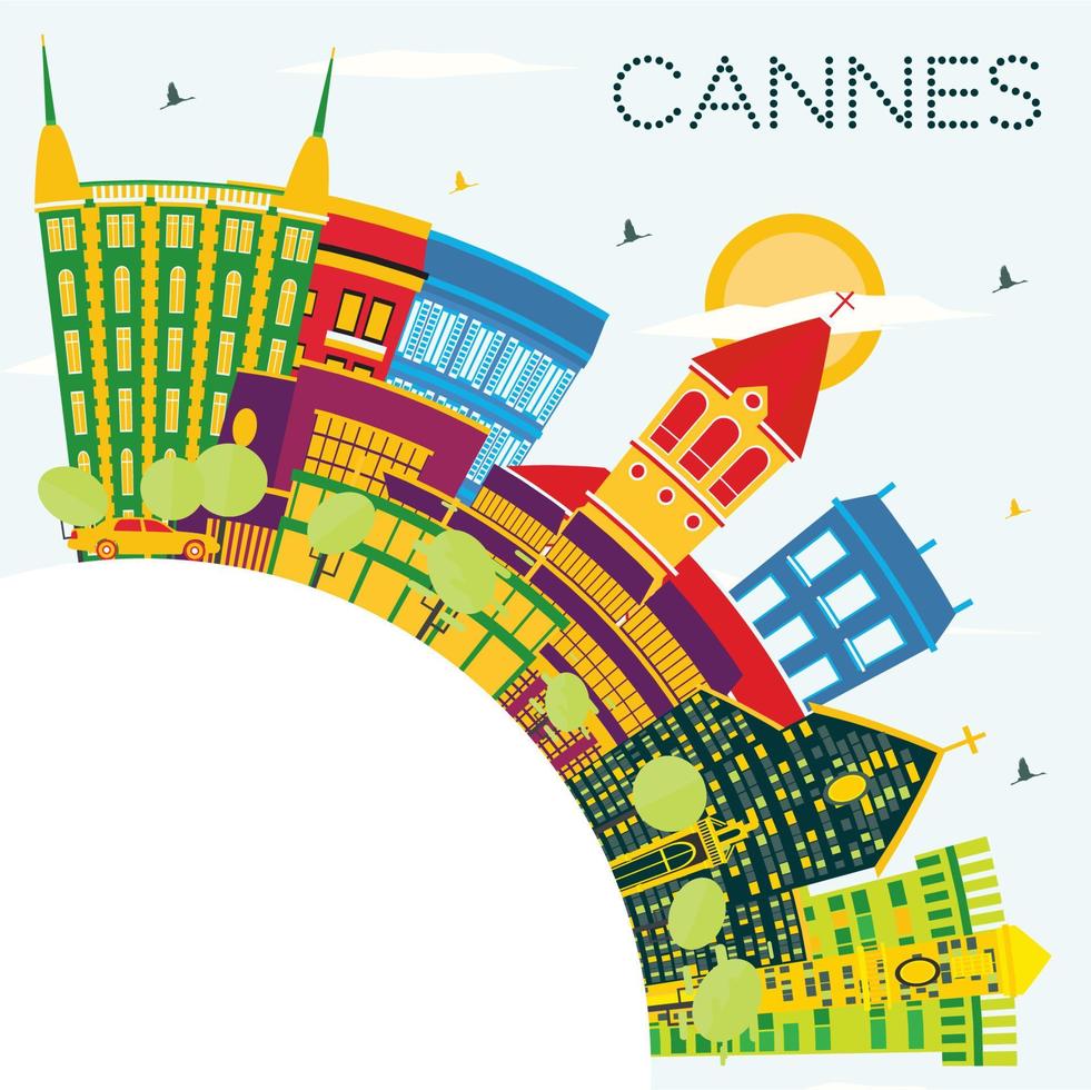 cannes Francia città orizzonte con colore edifici, blu cielo e copia spazio. vettore