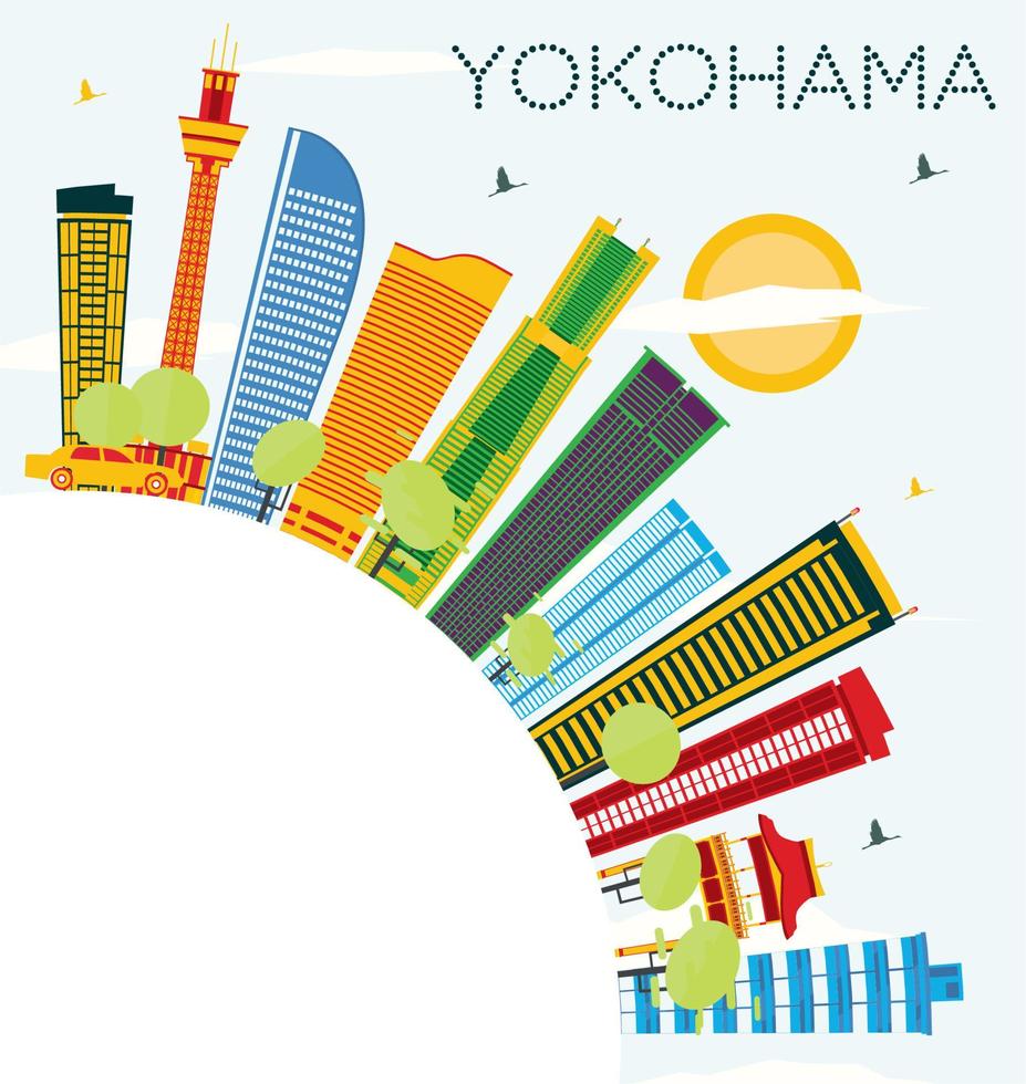 Yokohama orizzonte con colore edifici, blu cielo e copia spazio. vettore