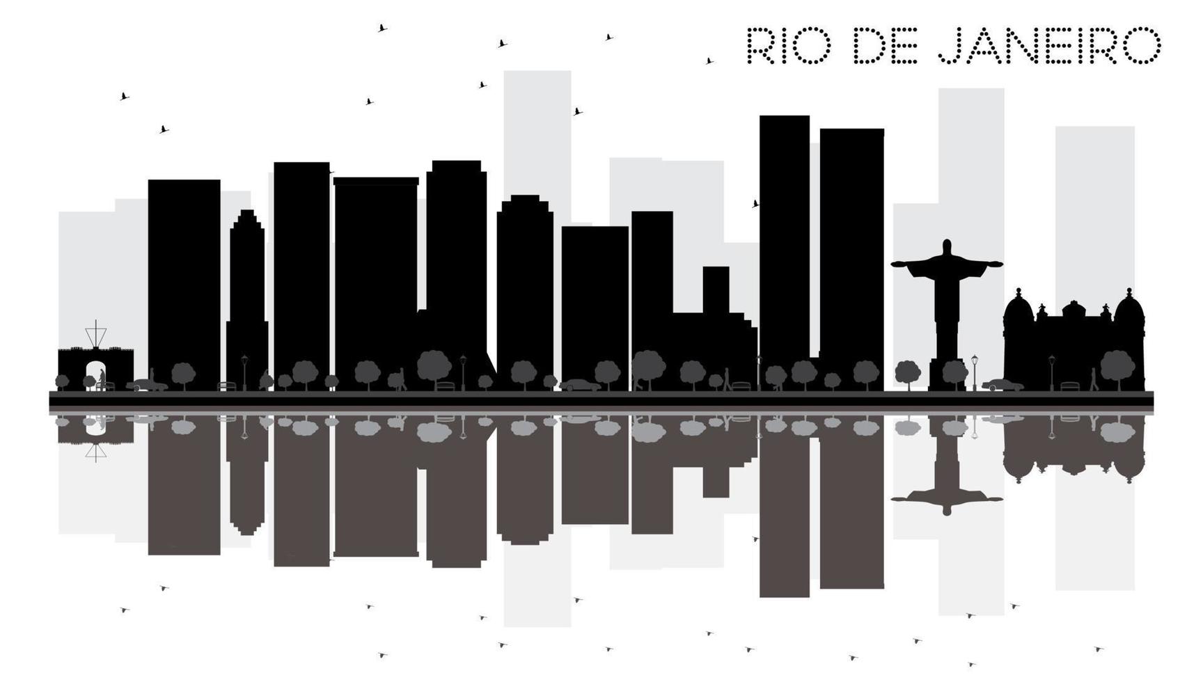 rio de janeiro città orizzonte nero e bianca silhouette con riflessi. vettore