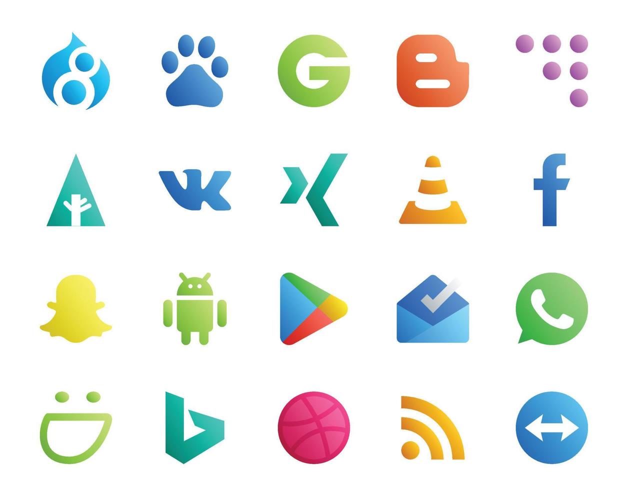 20 sociale media icona imballare Compreso WhatsApp applicazioni vlc Google giocare Snapchat vettore