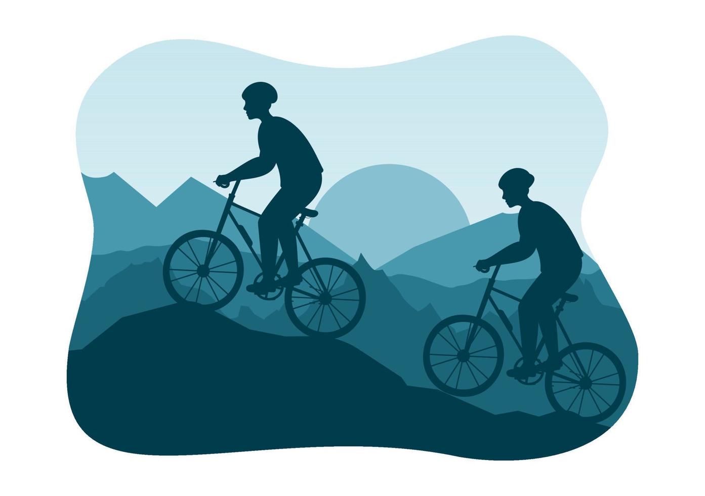 montagna bike illustrazione con Ciclismo giù il montagne per gli sport, tempo libero e salutare stile di vita nel piatto cartone animato silhouette mano disegnato modelli vettore